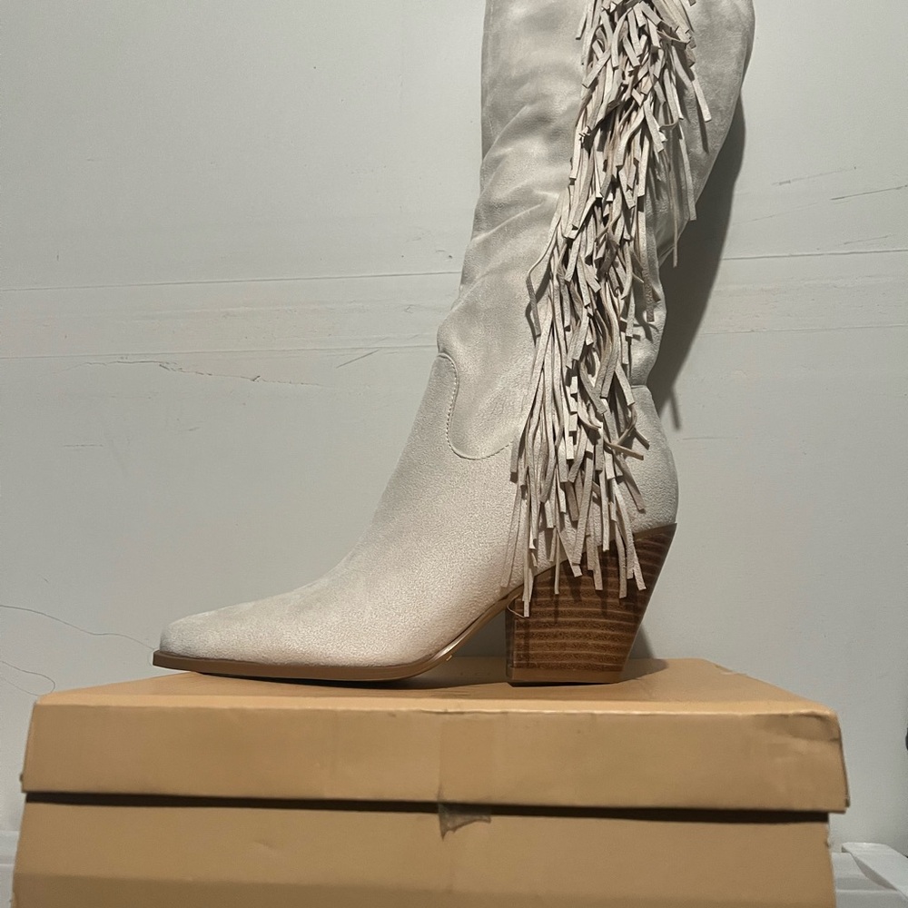 Billini White Fringe Heeled Boots